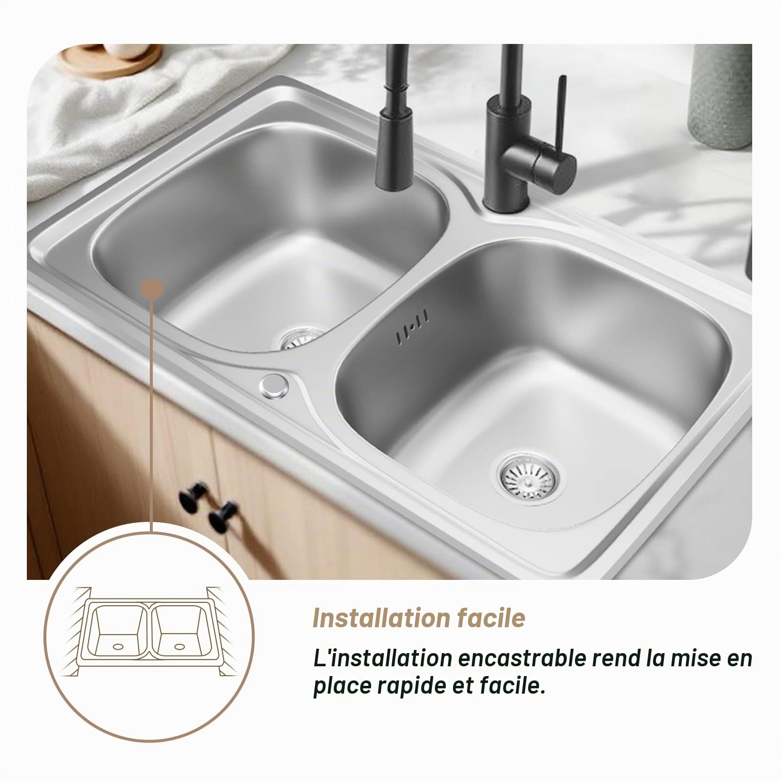 Évier de cuisine double en acier inoxydable - 1 bac et siphon (silvery, 80 * 50cm)