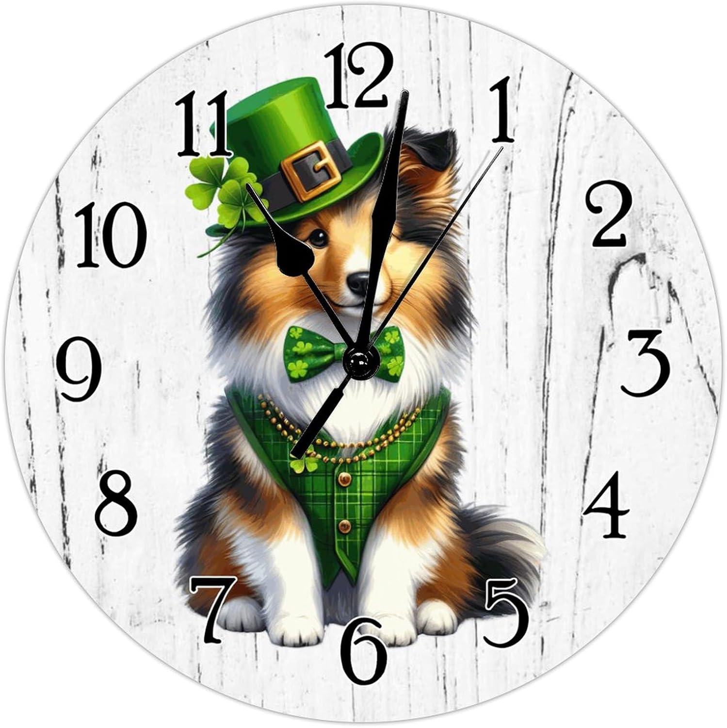 Clock Shetland Sheepdog St. Patrick's Day Wooden Decorative Clock Shetland Sheepdog Dog Green Leprechaun Hat Leaf Clocks for Wall Battery Operated Clock Dog Pet Portrait Clocks 15x15in