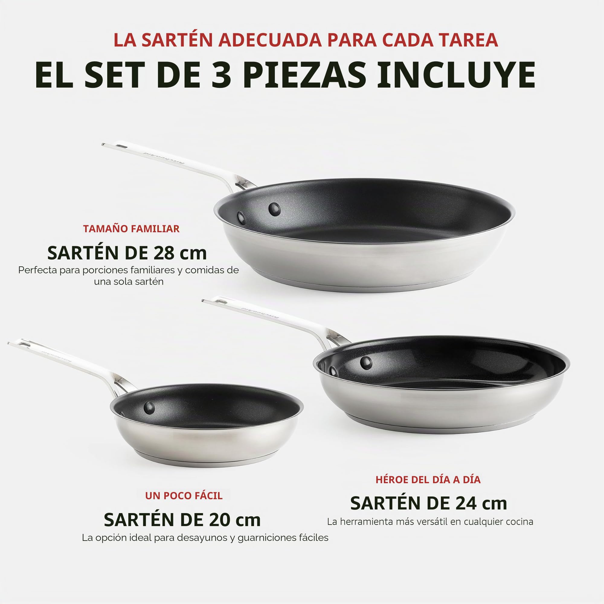 KitchenAid Stainless Steel Juego de Sartenes Cerámicas Antiadherentes de Acero Inoxidable sin PFAS de 20 cm, 24 cm y 28 cm, aptas para inducción, horno y lavavajillas, Plateadas