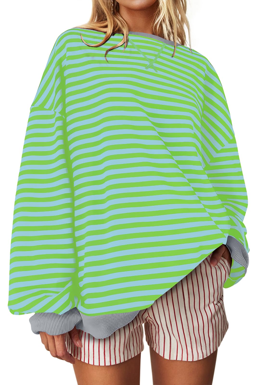 UEU Women Oversized Striped Crewneck Sweatshirt Long Sleeve Color Block Pullover Tops Casual Loose Workout Shirt, Green Blue Striped, Medium