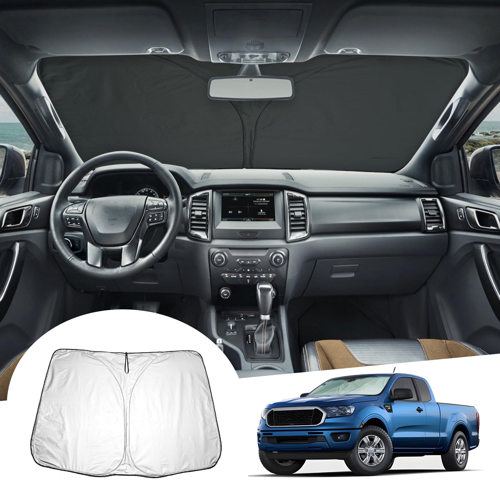 [Upgrade] GAFAT Compatibile con Ford Ranger T6 Raptor Wildtrak 2015–2023 Protezione Solare per Parabrezza interno, Accessori Ranger 2023 Parasole, Raffreddamento, Protezione UV