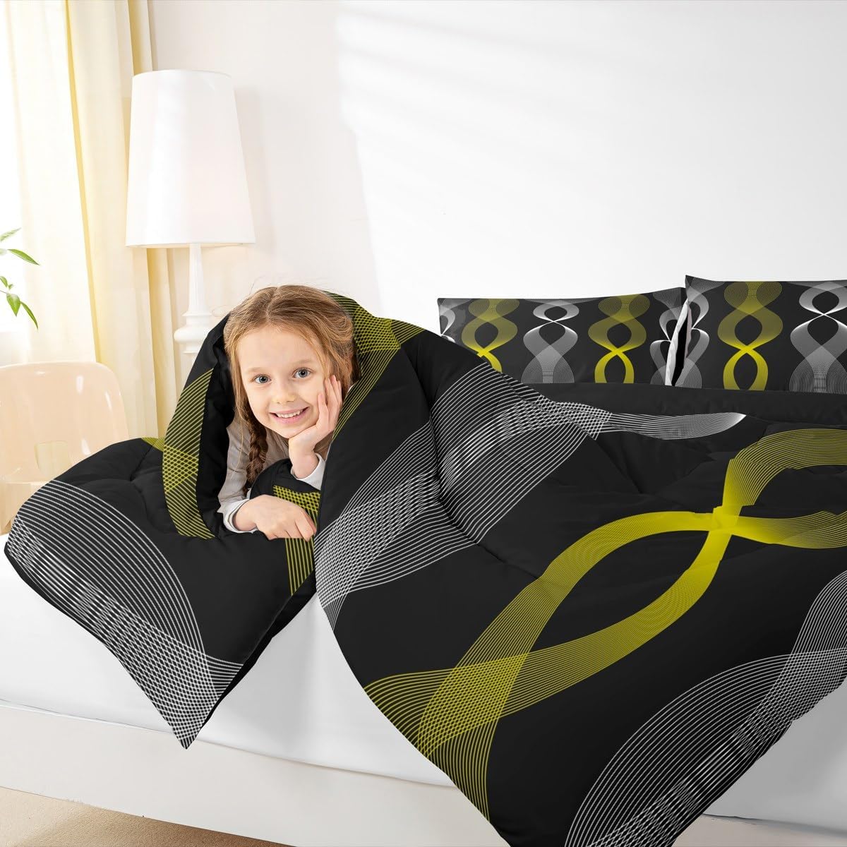 Erosebridal Black and Yellow Striped King Bedding Set, Modern Boho Abstract Stripes Comforter Set for Women Men Bedroom, Contemporary Geometric Wavy Lines Comforter, Gradient Aesthetic Stripe Quilt