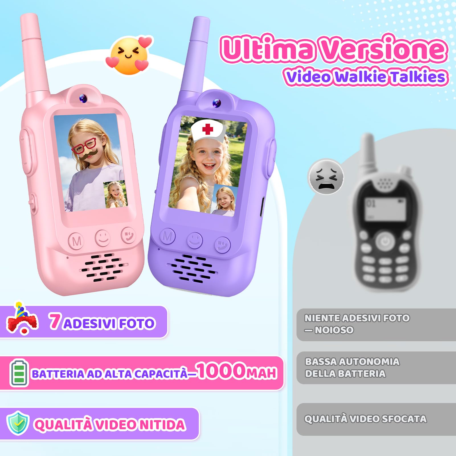 iKidiki Walkie Talkie Bambini Ricaricabili, Regalo Bambina 3 4 5 6 7 8 Anni Walkie-Talkie per Bambini con Video Giocattoli Giochi Bambina 3-8 Anni Femmina Idee Regali di Compleanno per Bimba
