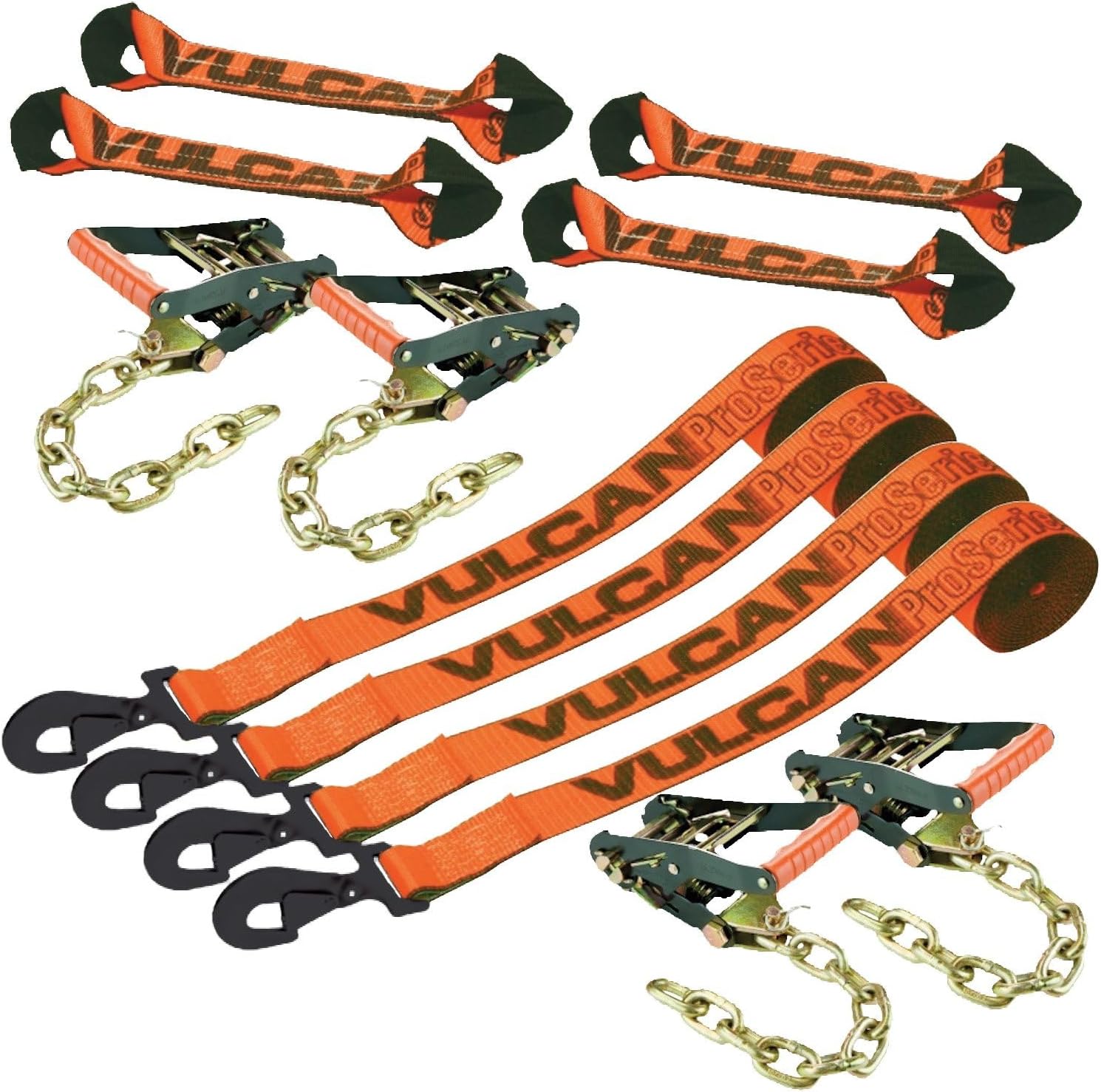 VULCAN 8-Point Roll Back Vehicle Tie Down Kit with Snap Hook on Strap Ends and Chain Tail on Ratchet Ends - Set of 4 - PROSeries Optic Orange