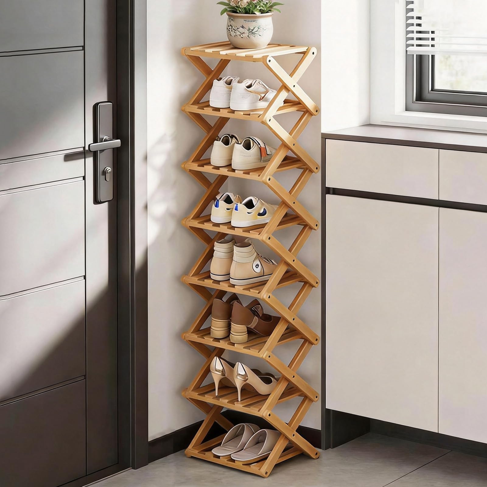 Akloya Vertical Narrow Shoe Rack, 8 Tier Portable Folding Shoe Storage Rack, Without Installation Free Standing Shoe Rack for Corridors, Bedrooms Living Room Corner and Small Spaces