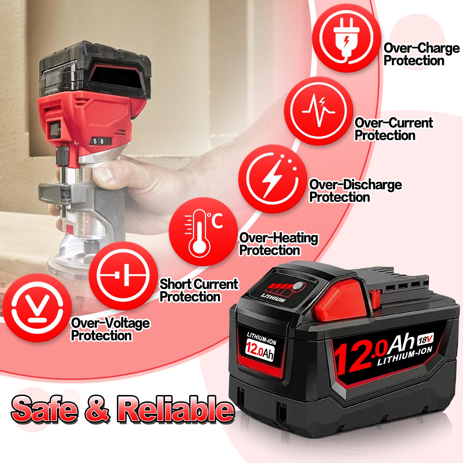 2X M18 18V 12.0Ah Li-ion Replacement for Milwaukee Battery Compatible with Milwaukee M18 Battery 48-11-1820 48-11-1840 48-11-1850 2646-60 with LED Indicators for Cordless Power Tools (M18*2) - 5