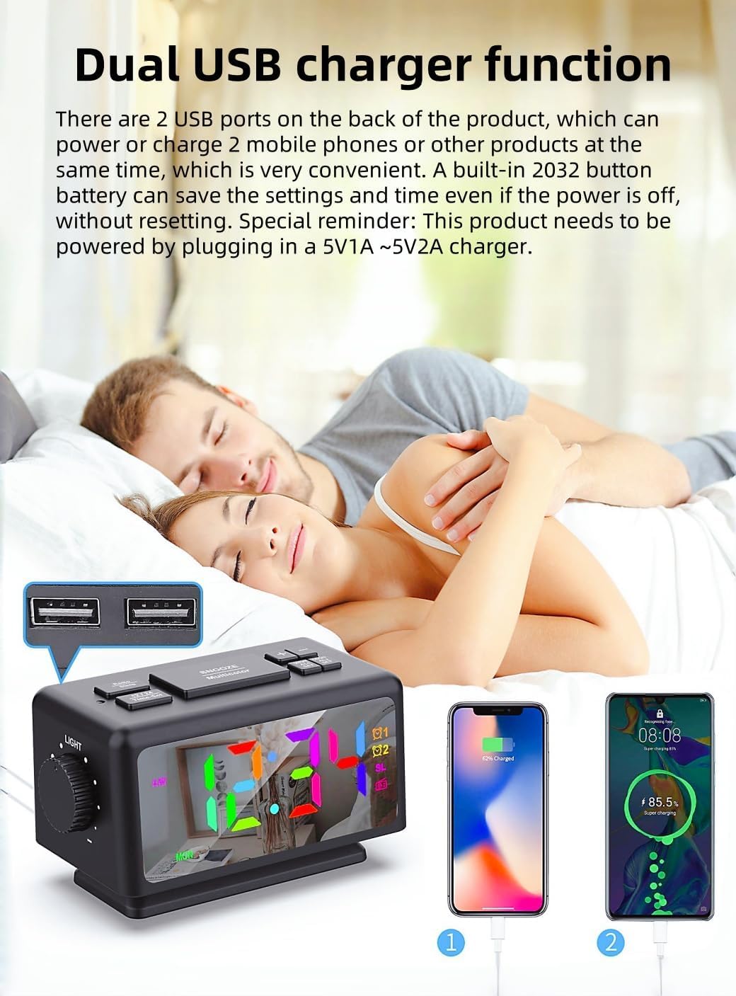 RGB Sveglia colorata Calendario perpetuo Radio FM Orologio elettronico Funzione snooze Allarmi multipli Regolazione automatica della luminosità Uscita di alimentazione USB (Black1)