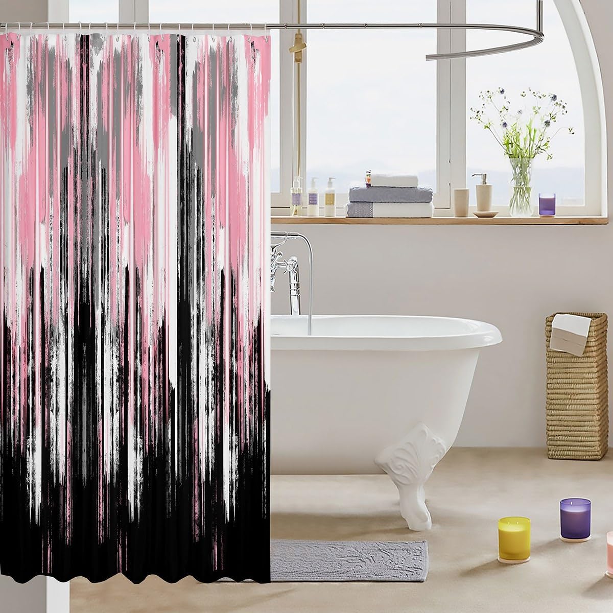 Feelyou Pink Black Bath Curtain Abstract Shower Curtain Stripe Line Bathroom Shower Curtain Set for Women Men Polyester Modern Art Bathroom Accessories 72"x84"