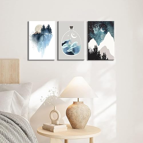 Miniatura 6 de Xiuwon 3 arte de pared azul y blanco, lienzo abstracto de acuarela, impresiones de montaña bajo la luna, lienzo geométrico de bosque, decoración de