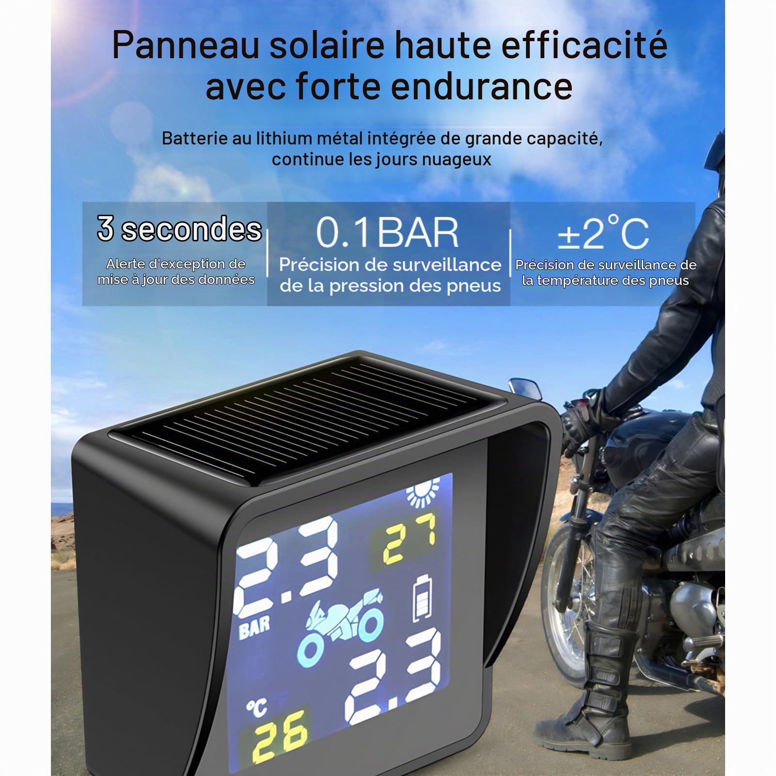 Diyeeni Système de Surveillance de la Pression des Pneus de Moto TPMS Solaire, écran LCD avec Six Modes D'alarme, étanche et pour Scooters de Moto
