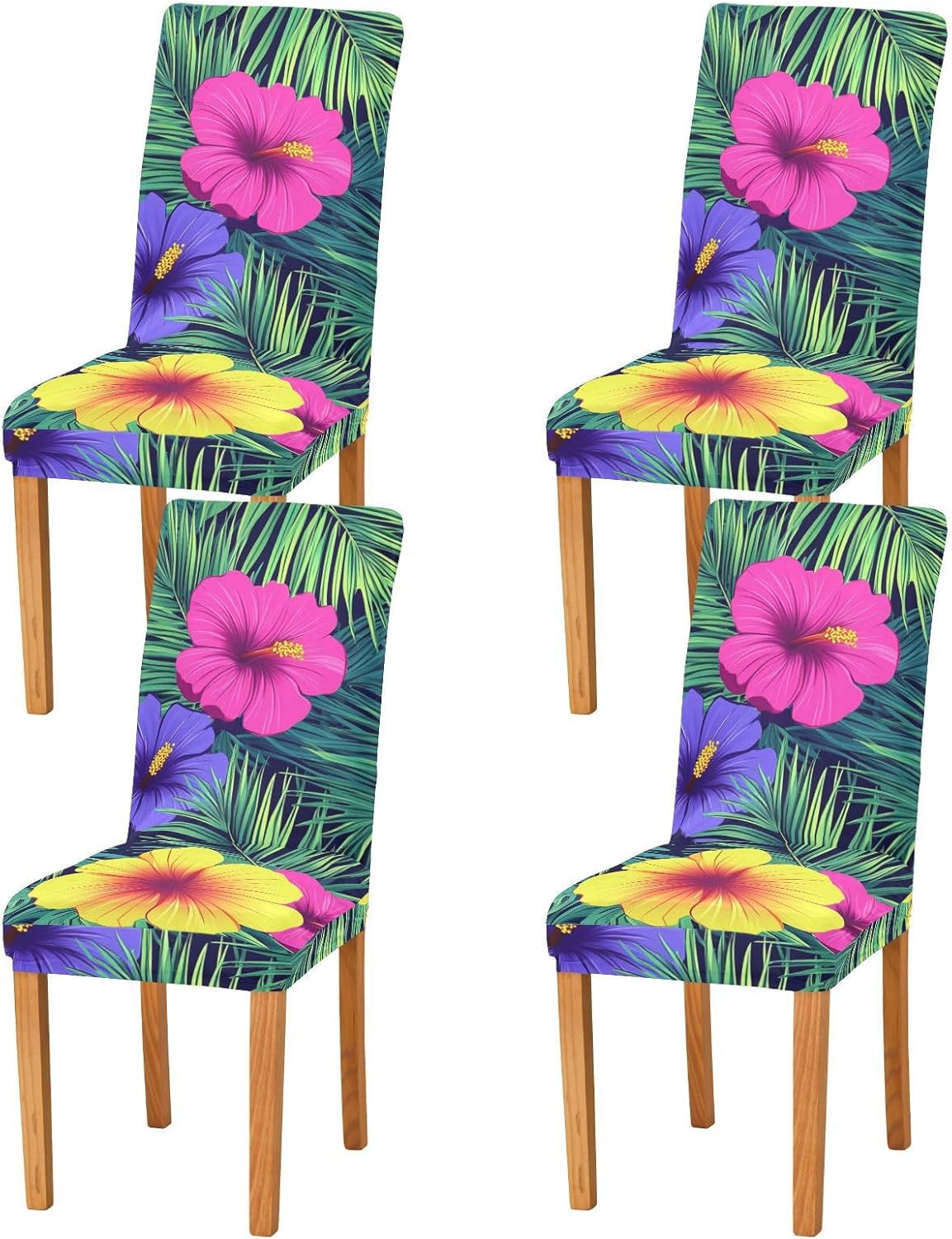 Hawaiian Style Tropical Flowers Palm Leaves Bright Neon Colors Decorative Chair Covers Slipcover for Bedroom Anti-Dust Dining Table Chair Covers Protector para sillas de comedor Set of 4