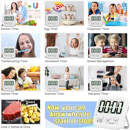 Miniatura 34 de Antonki Paquete de 2 temporizadores digitales para niños, temporizadores de cocina magnéticos de cuenta regresiva para cocinar, huevos, aula, 2 x