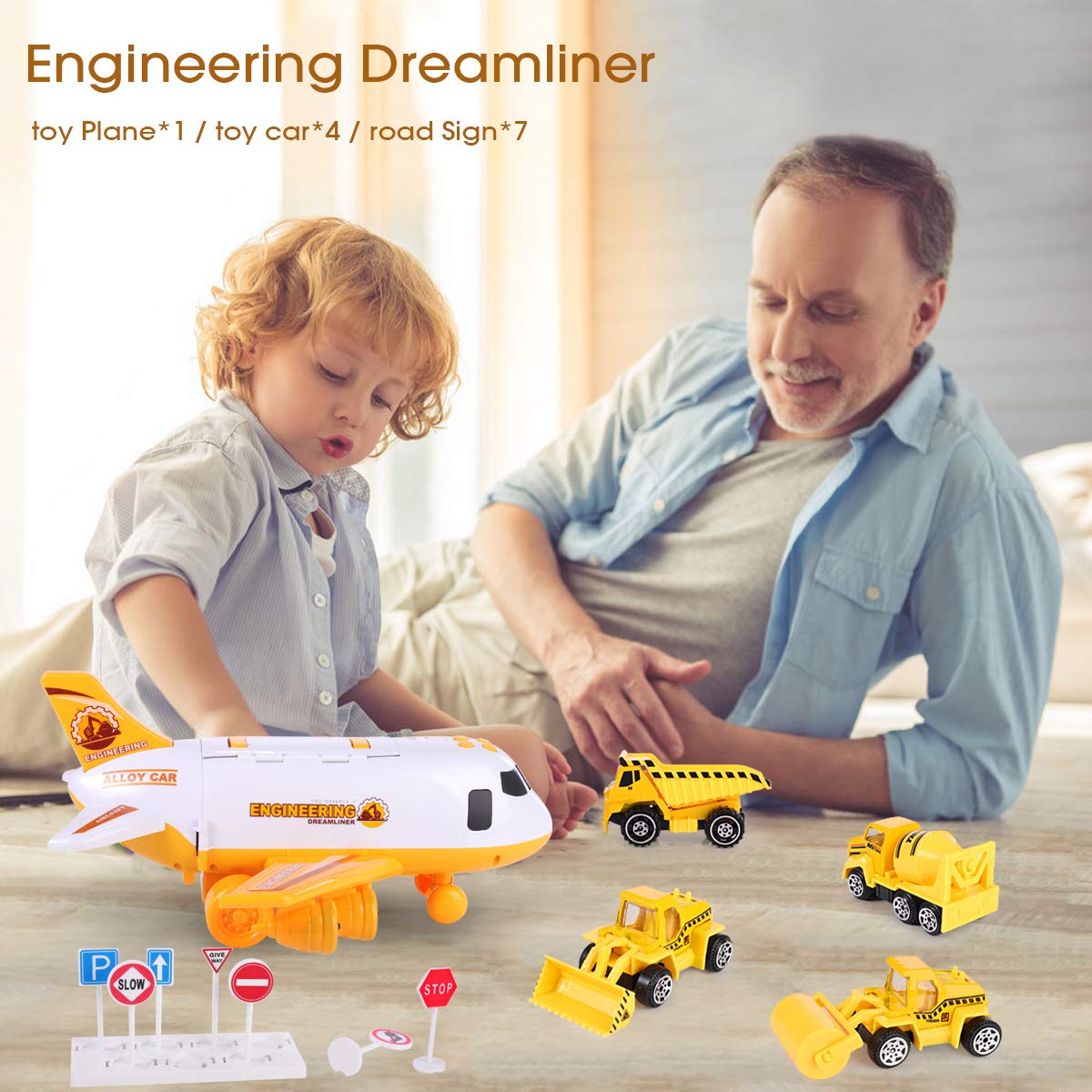 SHANNA Flugzeug Spielset - Flieger Kinder Trägheitsrad mit Fahrzeugen Lernspielzeug Set, 1 großes Flugzeug, 4 legierte Autos für Kleinkinder ab 3 Jahren (Baufahrzeuge - Gelb)
