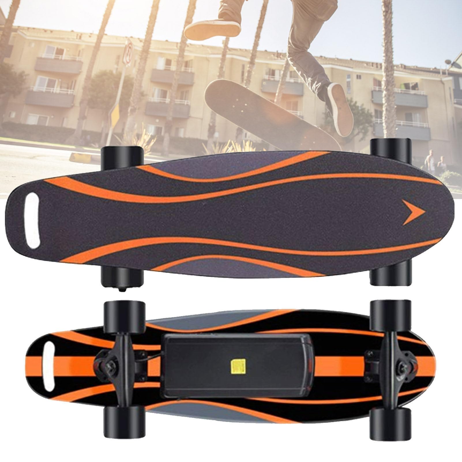 Skateboard électrique, skateboard électrique de ville avec télécommande pour adultes, 3 vitesses réglables pour débutants, autonomie de 8 km, idéal pour les trajets domicile-travail en ville Orange