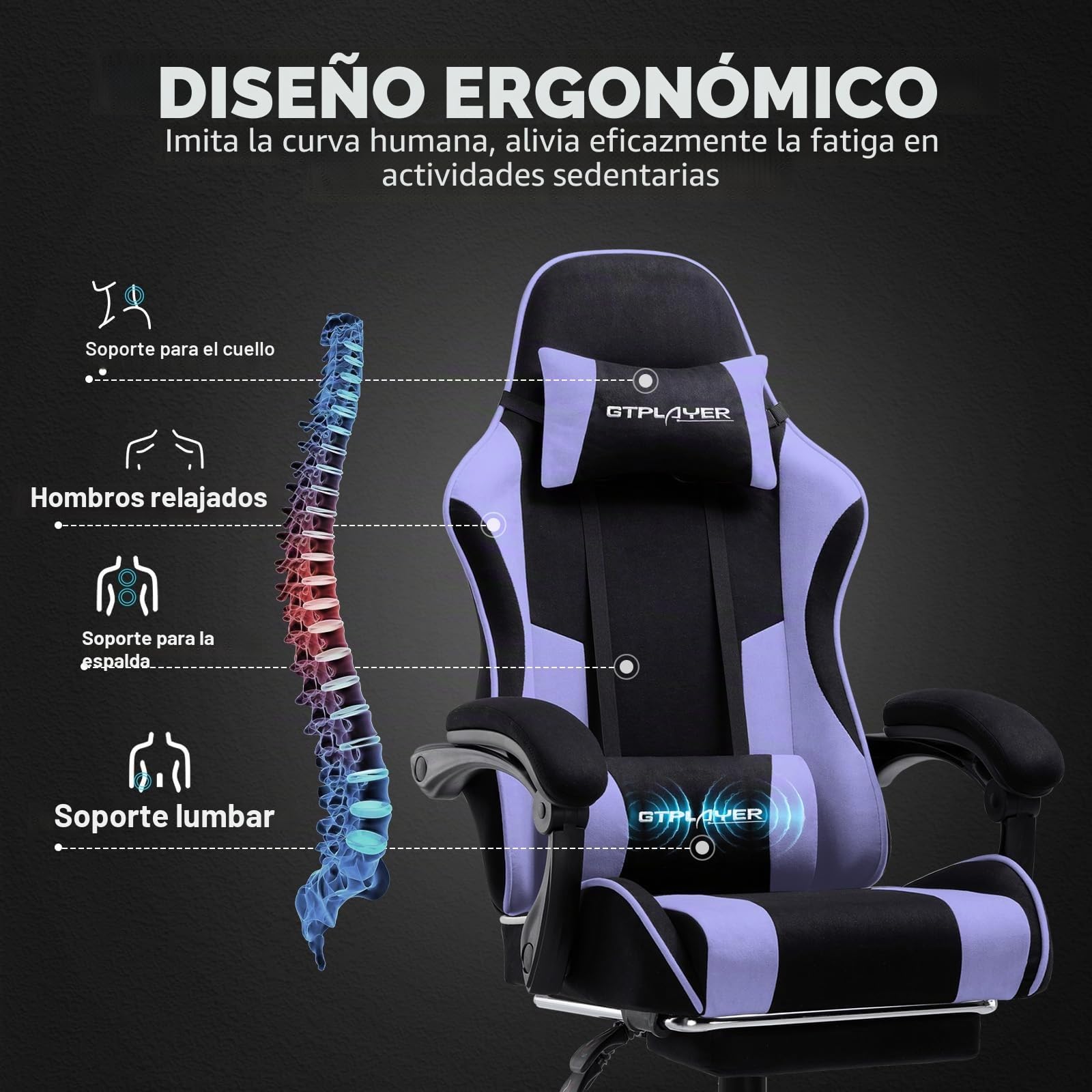 GTPLAYER Silla para Videojuegos, Silla de Oficina, Silla ergonómica para PC, sillón de Gaming con Soporte Lumbar de Masaje, sillas de tareas con reposapiés y reposacabezas, Tela Morada