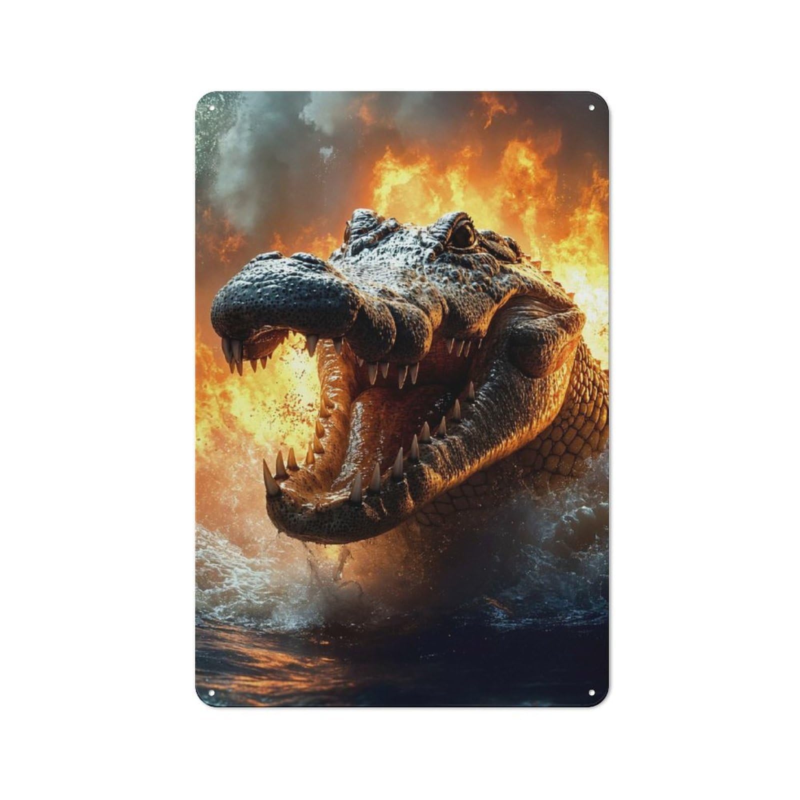 Fiery Crocodile Emerging from Water Tin Sign 30x20cm, Garage Style Workshop Wall Decor for Garage, Workshop, Shed Or Utility Room