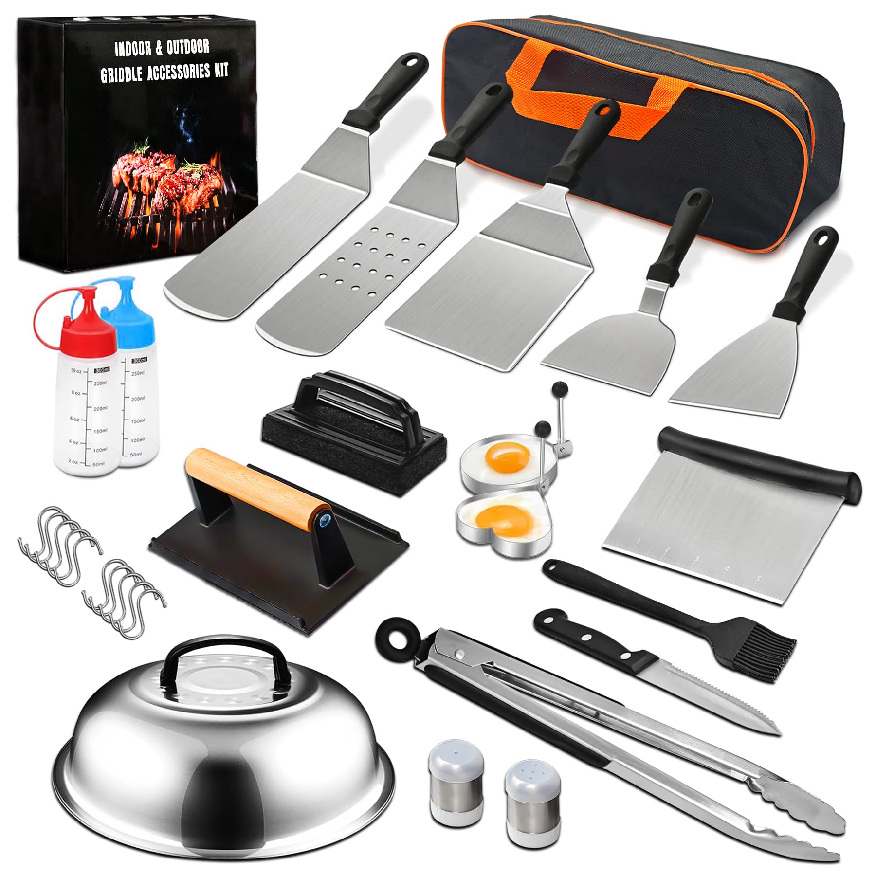 29pcs Blackstone Griddle Accessories Kit, Large Stainless Steel Grill Accessories Set for Blackstone and Camp Chef, Grill Spatula Set with Enlarged Spatulas, Scraper, Tongs for Outdoor Barbecue
