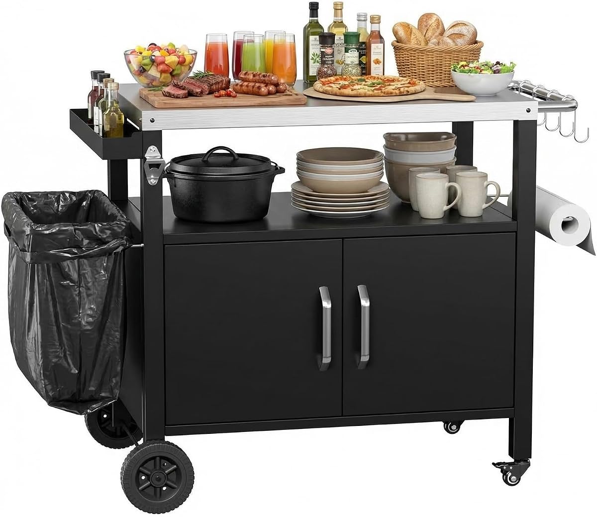 TLSUNNY Chariot de Barbecue en Acier Inoxydable, Desserte Extérieure Plancha 3 Niveaux avec Porte d'Armoire, Table de barbecue avec 4 Roulettes, pour Jardin Terrasse Balcon Camping, 112 x 51 x 82,5 cm