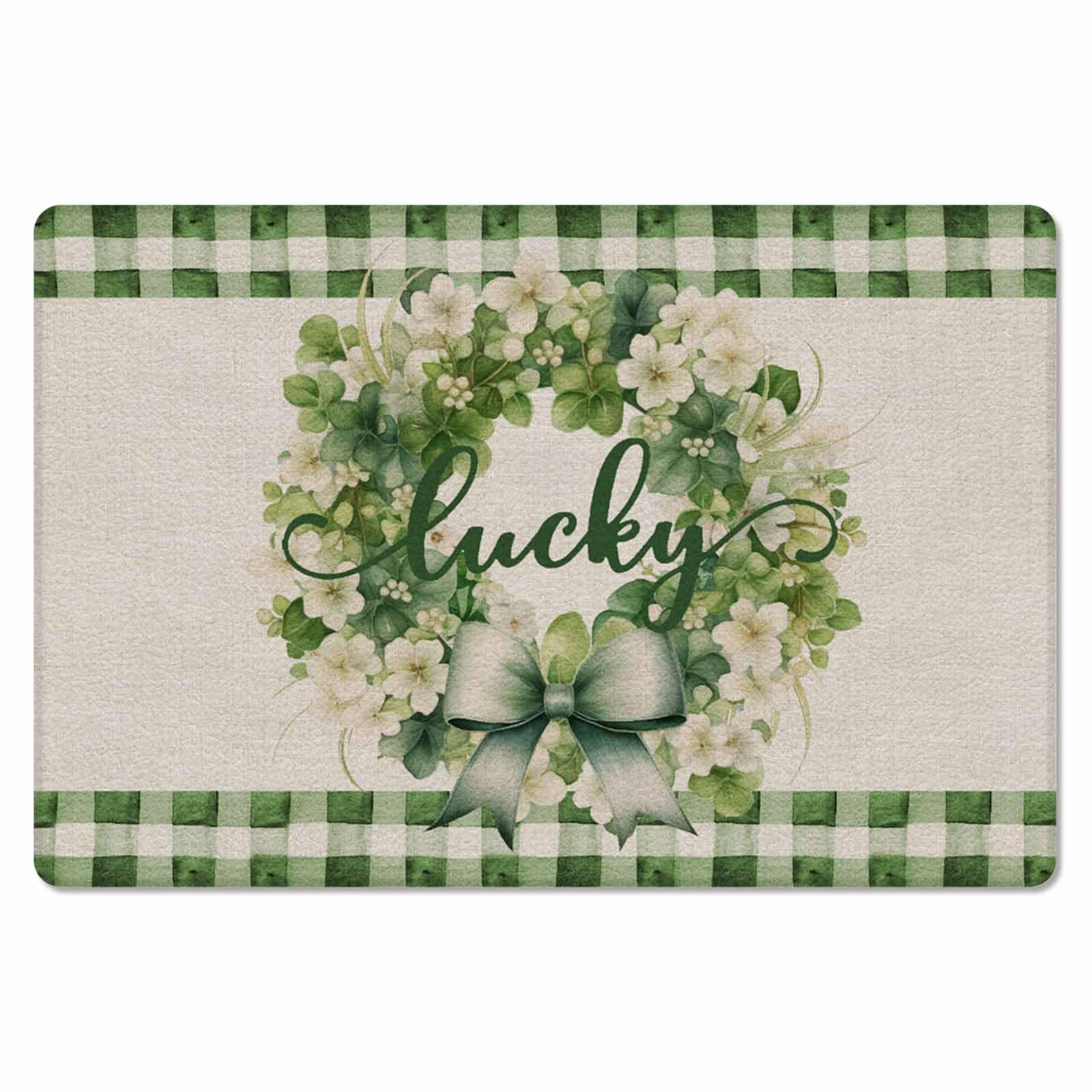 St. Patrick's Day Kitchen Bath Door Mat Cushioned Runner Rug,Washable Welcome Floor Sink Antifatigue Mat,Waterproof & Non-Slip Comfort Standing Doormat,Watercolor Leaves Floral Plaid Wreath 24