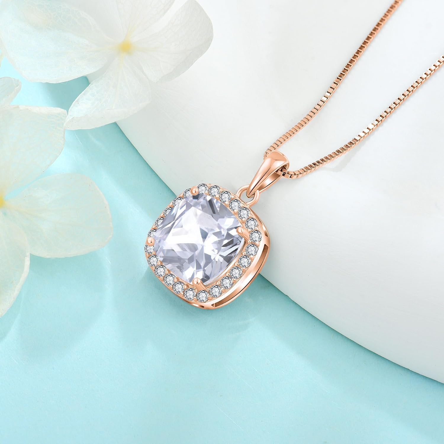 Birthstone Necklace for Women 925 Sterling Silver Princess Cut Halo Necklace Pendant Jewelry Gifts for Her