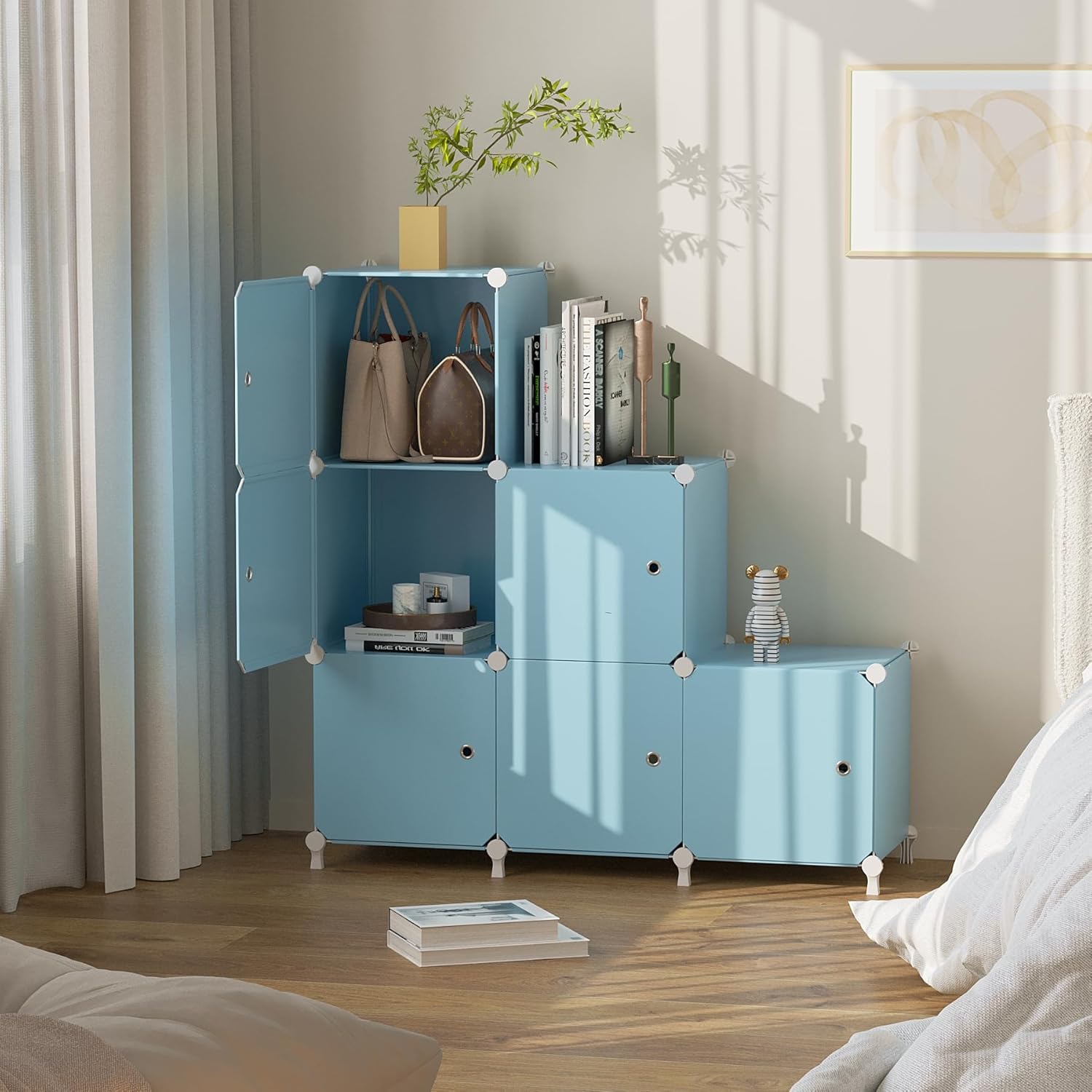 Cube Storage Organizer, 6-Cube Shelves Unit with Doors, DIY Stackable Plastic Clothes Organizer for Bedroom and Under Stairs Storage Unit, Each Compartment 30 x 30 x 30 cm Blue ATTSL6005