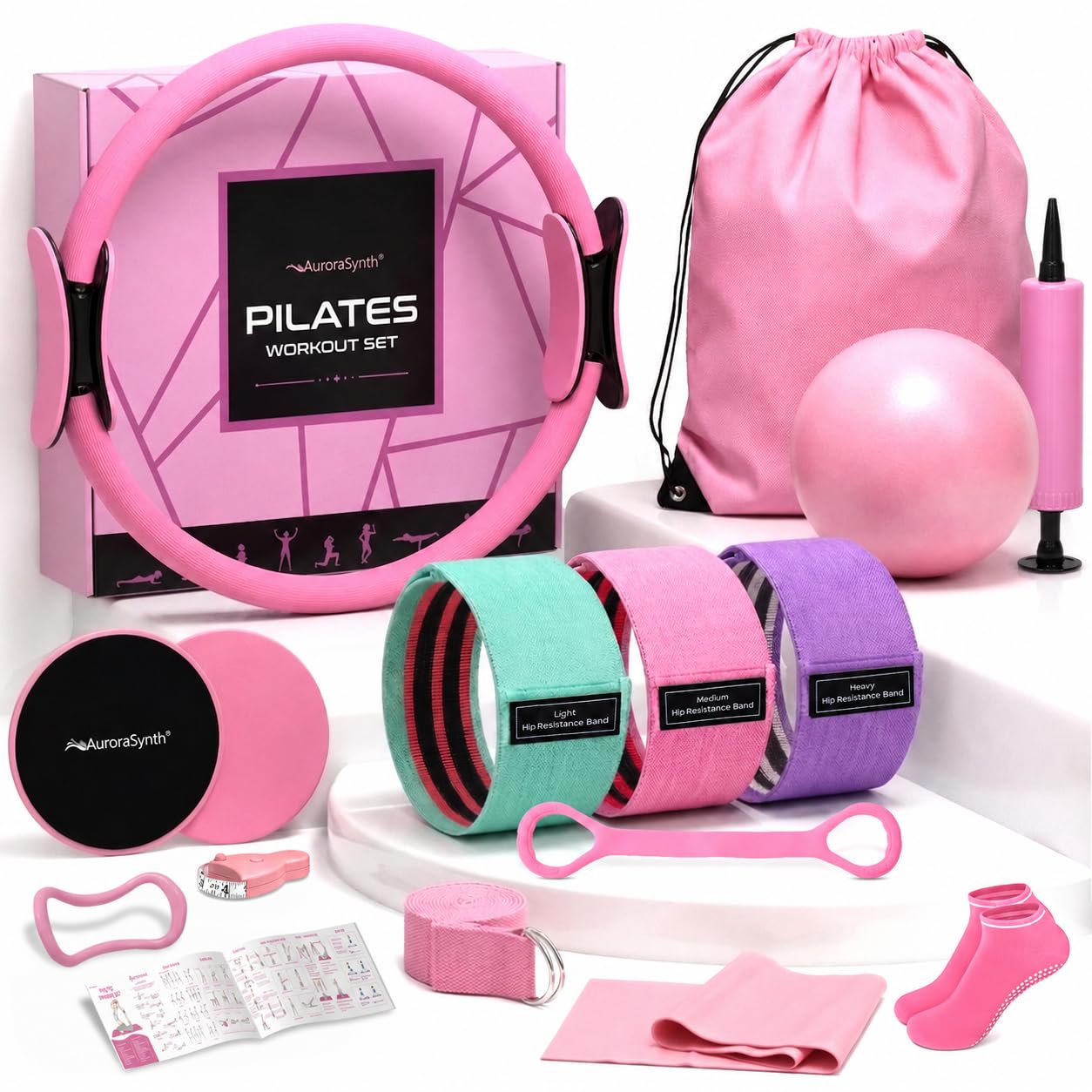 Home Pilates Kit Pilates Equipment Set, 13-in-1 Better Yoga Pilates Essentials Kit for Women with 14" Magic Circle Pilates Ring, Ball, Resistance Bands, Yoga Strap, Socks (Pink Essential Kit)-image-22