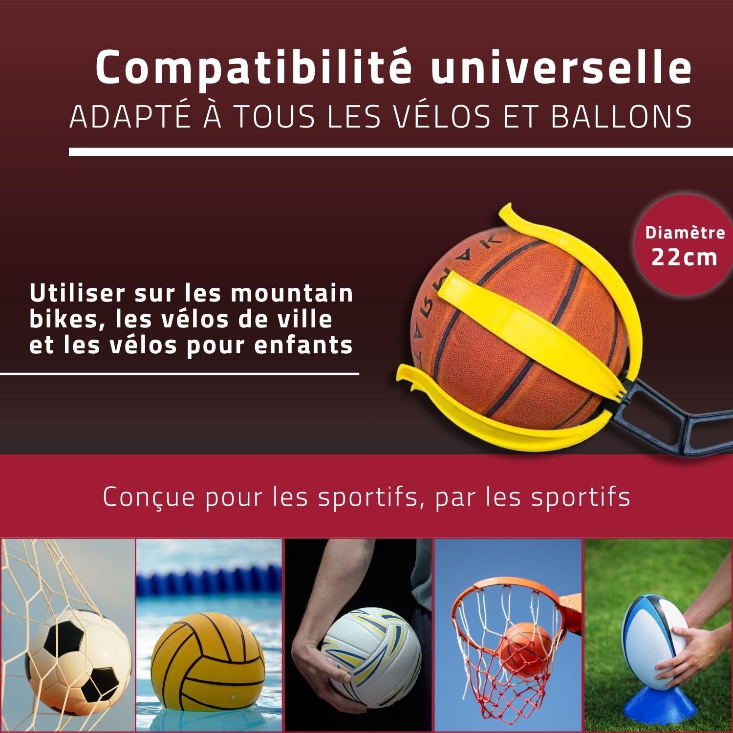 Porte-Ballon de Vélo, Dispositif de Sécurité pour Enfants et Garçons, Facile à Utiliser, Adapté aux Ballons de Football, Basket-Ball et Rugby