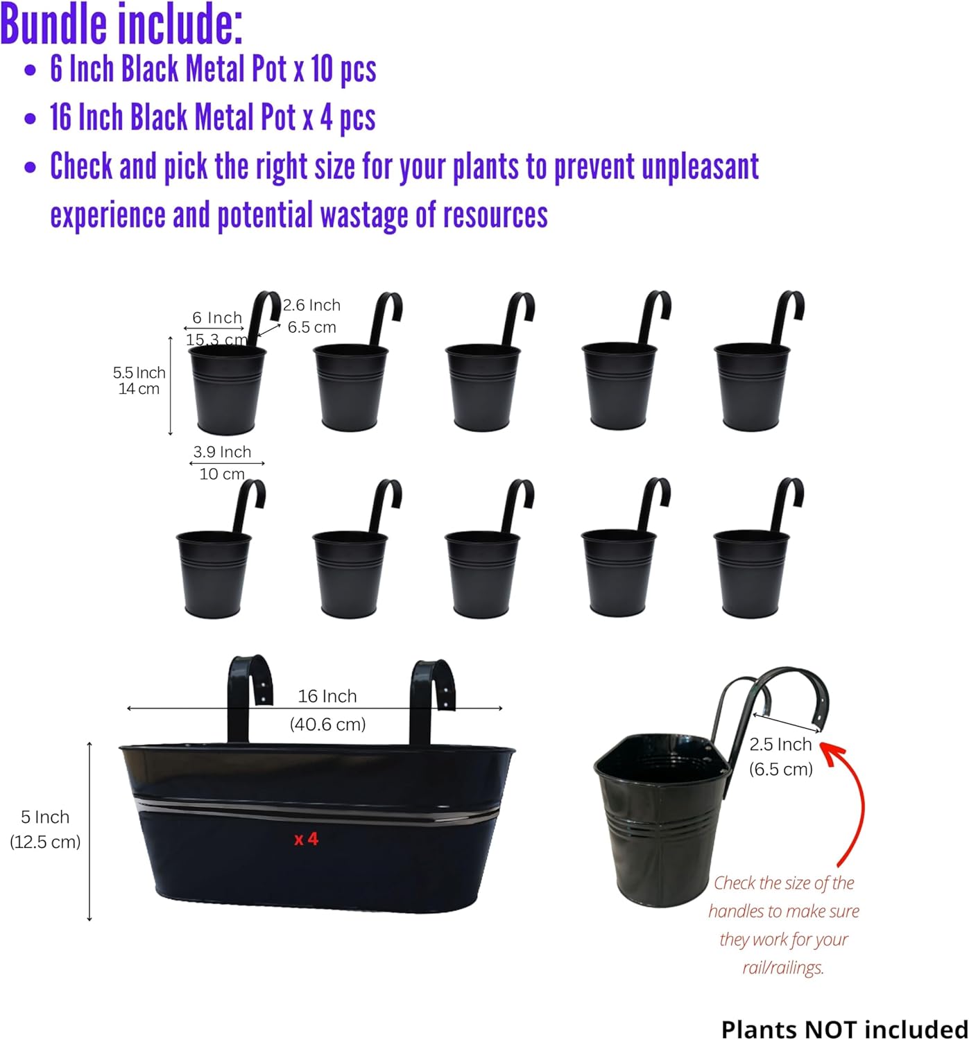 LaLaGreen Bundle- 10 Pack, 6 Inch Rounded Metal Pot + 4 Pack, 16 Inch Black Metal Pot Hanging Window Flower Box with Hook Deck Rail Fence Wall Patio Porch Plant Herb Holder Boho Outdoor Balcony Decor