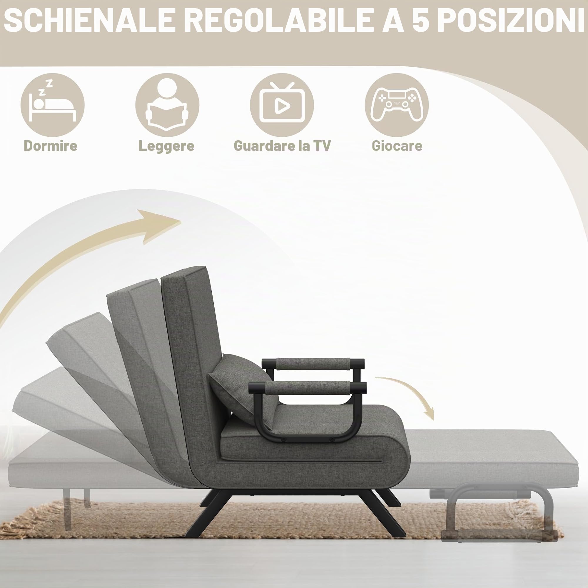 UISEBRT Divano letto 3 in 1, grigio scuro, letto per gli ospiti, pieghevole, con funzione letto, per soggiorno, camera da letto, balcone, portata fino a 150 kg