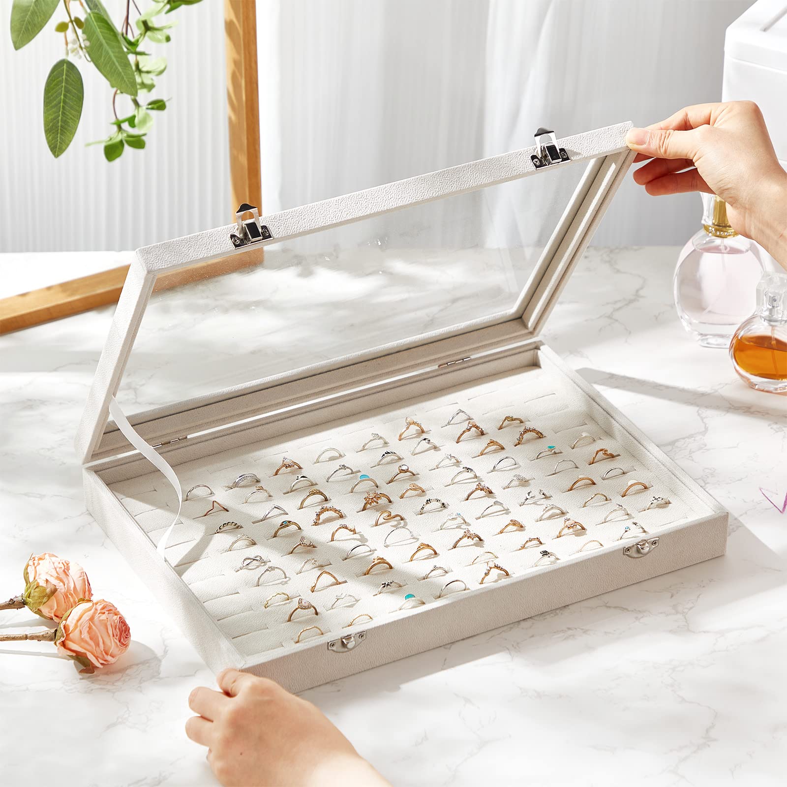 Yinkin Lot De 2 Boîtes De Rangement En Velours Pour Bagues Avec Couvercle En Verre Transparent - 100 Emplacements - Beige