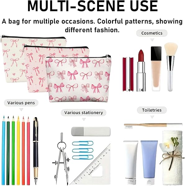 MLPKOI 3PCS Trousse de Toilette Voyage, Rosa Schleife Trousse de Maquillage pour Sac à Main Cosmétiques à Glissière Portable Accessoires de Voyage Femmes - 4
