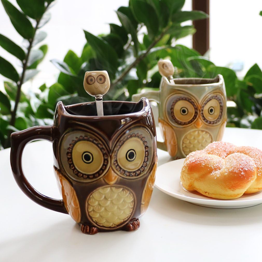 SQOWL 3D Coffee Mug Cute Set of 2 Owl Ceramic Coffee Mugs with spoons Office Tea Cups for Women Men 12 oz Cyan and Brown - Image 3