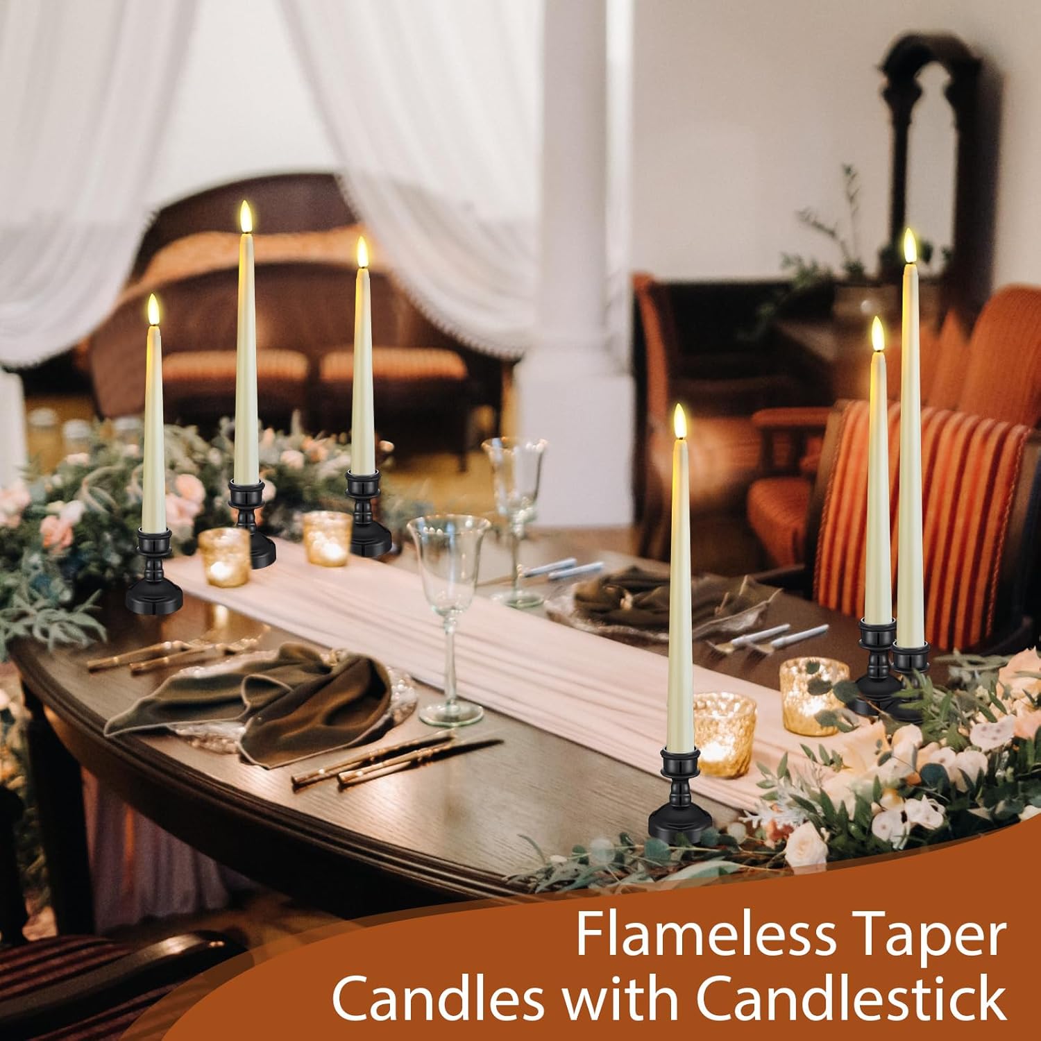 Rossesay 12 Pcs Flameless LED Taper Candles with Candlestick Battery Operated 8.5" 9.6" 10.8" 12.8" Flameless Flickering Candlesticks for Christmas Wedding(Black Holder & Ivory Candles)