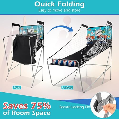 Vista 39 de Goplus Juego de arcada de baloncesto plegable de doble tiro, juego de aro de baloncesto con puntuación electrónica, 8 modos de juego, 4 bolas, Negro