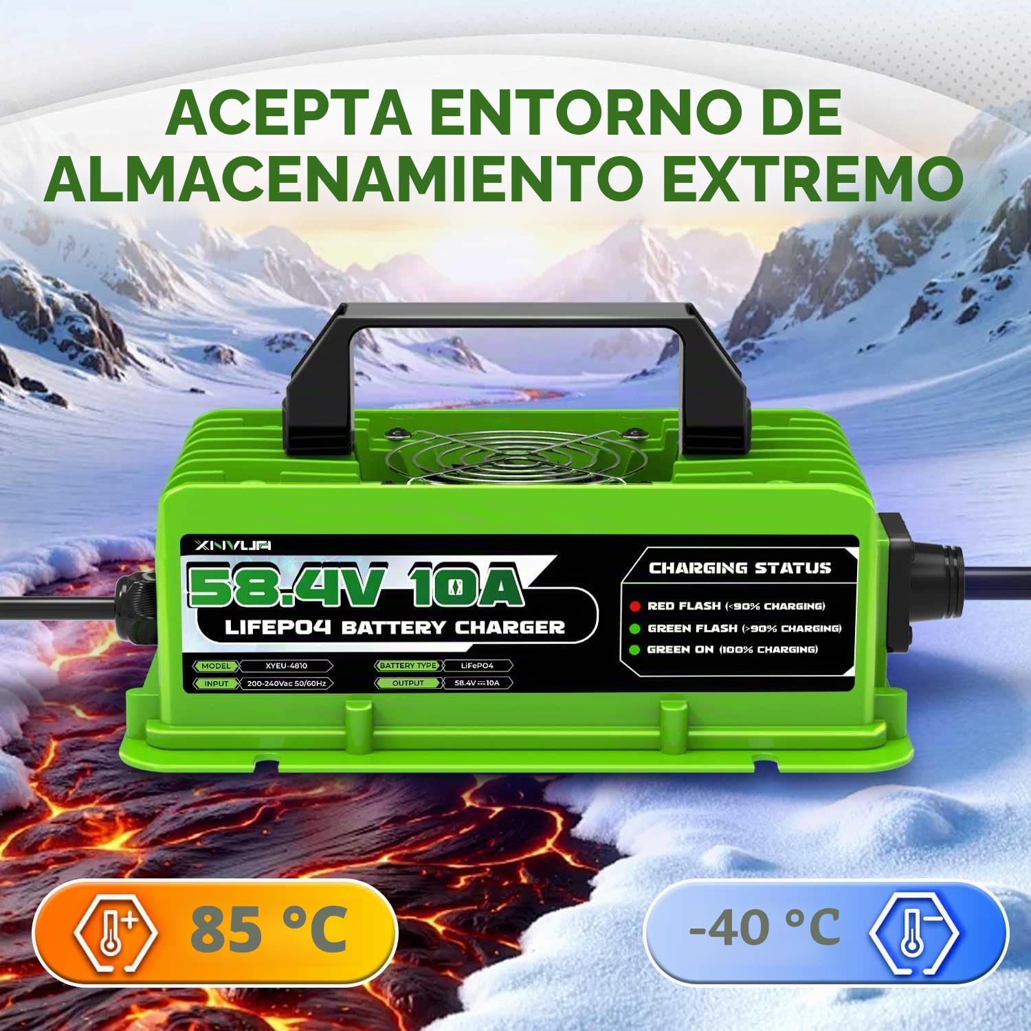 58,4V 10A Cargador de batería LiFePO4 para baterías Recargables de Ciclo Profundo de fosfato de Hierro y Litio de 48V (51,2V)