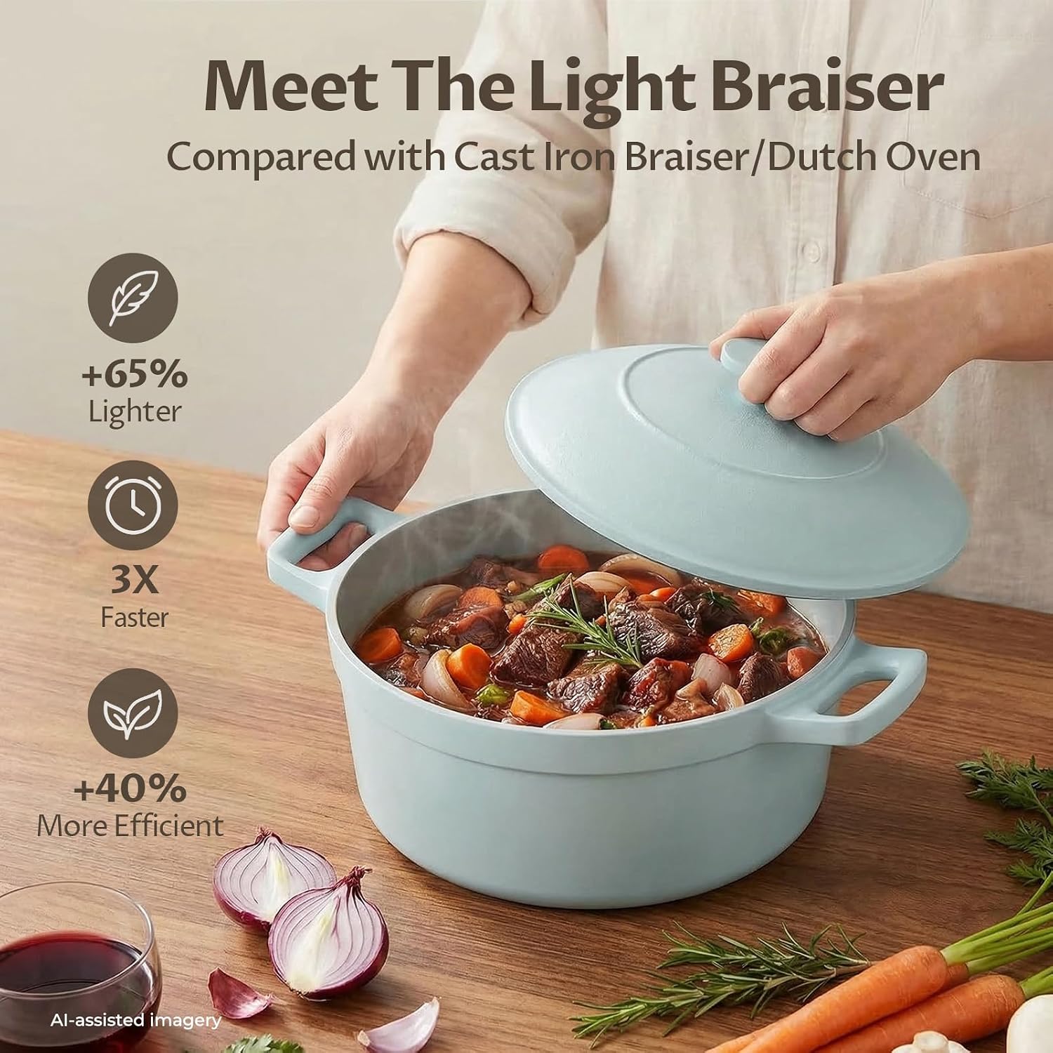 BEZIA 5.7 Quart Nonstick Ceramic Stock Pot with Lid, Lightweight Die-Cast Aluminum Dutch Oven Style Cooking Pot for Soup, Family Stew & Braising, Oven Safe Casserole, Induction Ready, for 3-5 People