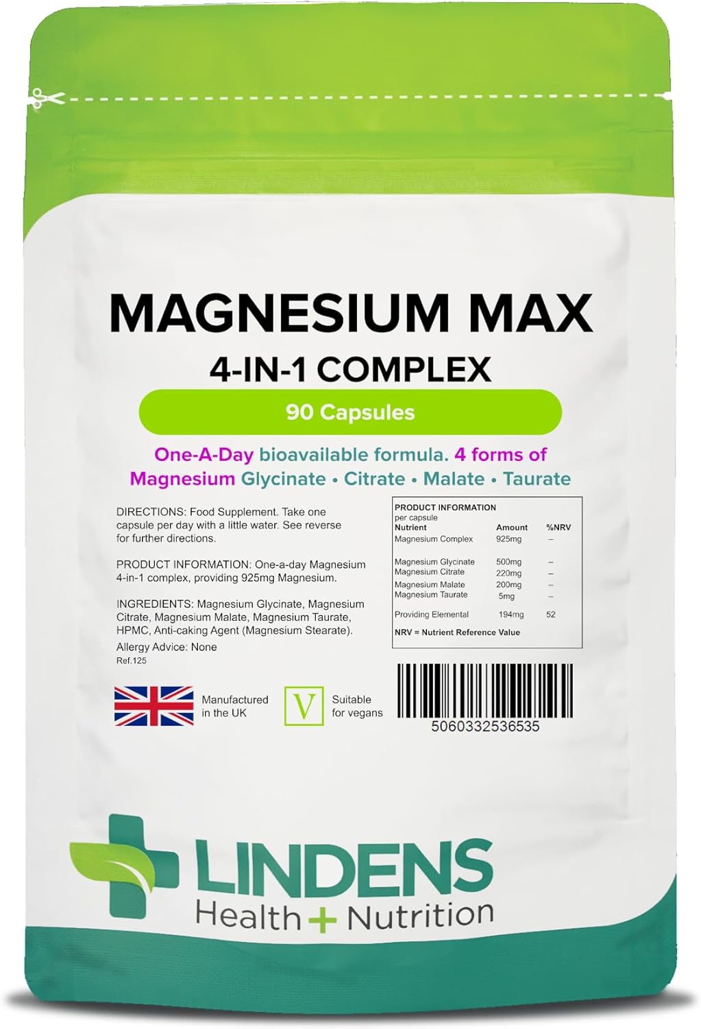 Lindens – Magnesium Max 4-in-1 Complex, 90 Caps – 1 a Day, UK Made – Muscle Support, Bone Health & Energy Boost – Magnesium Glycinate, Citrate, Malate & Taurate – Letterbox Friendly, Vegan