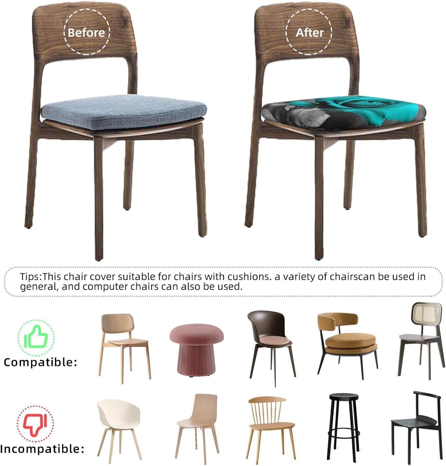Teal Square Stool Covers Set of 6, Removable Washable Stretch Stool Covers, Square Seat Covers with Non-Slip Backing