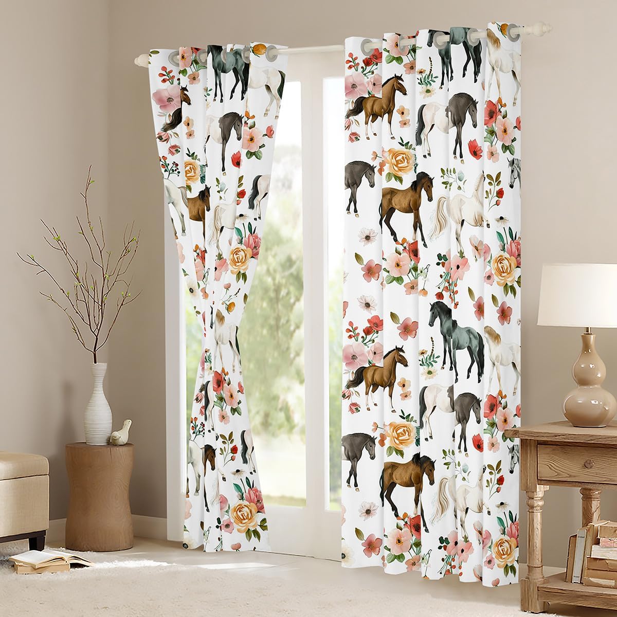 Rideaux occultants avec œillets - Motif chevaux - 137 x 117 cm - Pour enfants, garçons, filles, adolescents