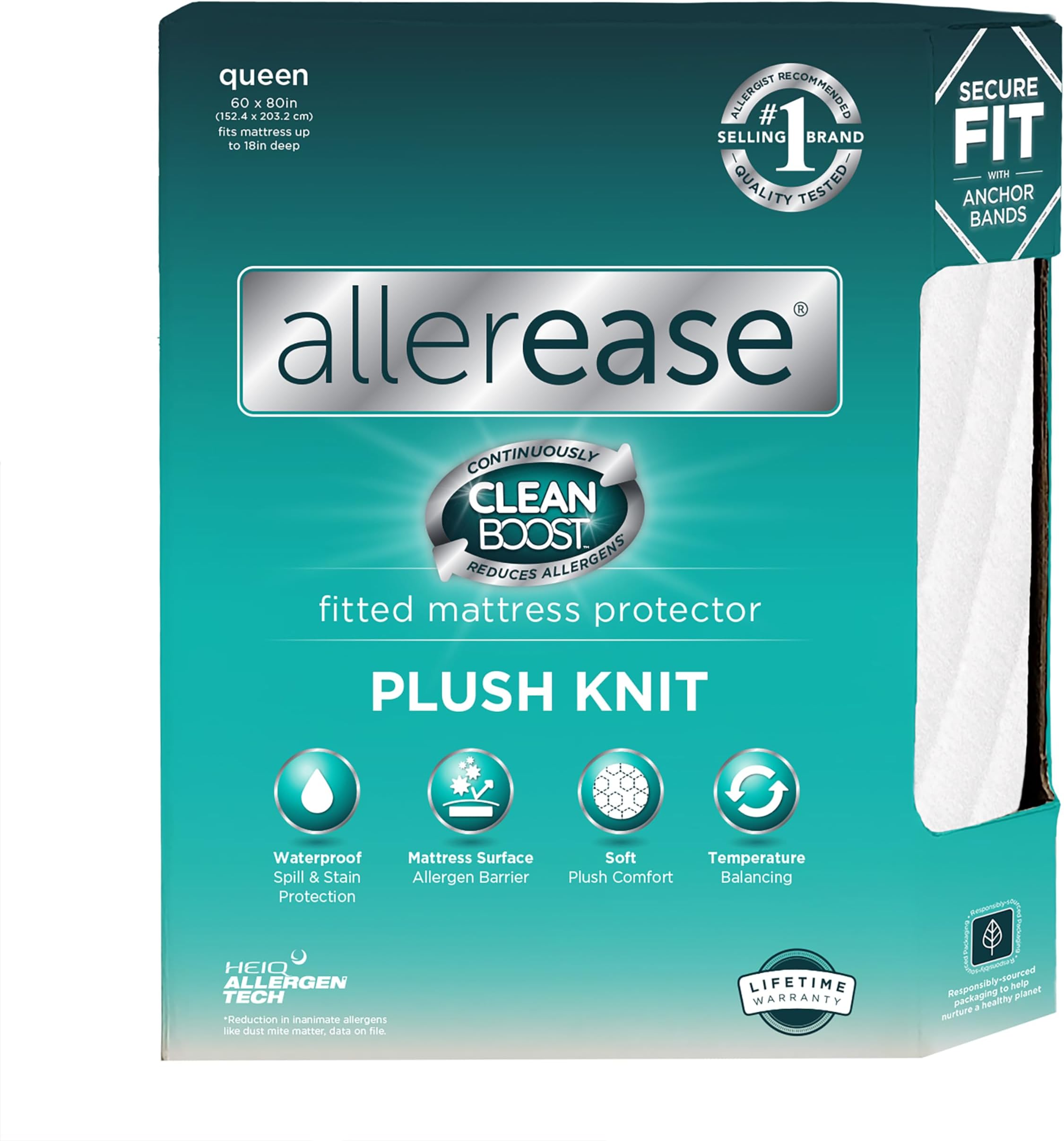 AllerEase CleanBoost Plush Knit Soft Waterproof Mattress Protector Queen Size Allergen Barrier Temperature Balancing Machine Washable Mattress Cover with Elastic Anchor Bands Mattress Cover (White)