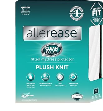 AllerEase CleanBoost Plush Knit Mattress Protector Waterproof Particle Barrier Temperature Balancing Soft Plush Comfort Machine Washable Fitted Cover with Elastic Anchor Bands Mattress Cover, Queen