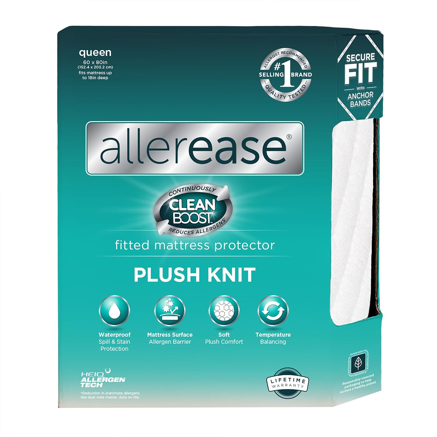 AllerEase CleanBoost Plush Knit Mattress Protector Waterproof Particle Barrier Temperature Balancing Soft Plush Comfort Machine Washable Fitted Cover