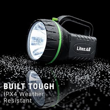 LitezAll Handle Flashlight - Lantern | 200 Lumen Retro Style Handheld Spotlight | IPX4 Weather Resistant Resin Work Light | Built-In Storage for 6 Extra Batteries | 3 AA Batteries Included