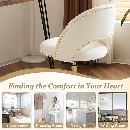 Vista 96 de VINGLI Silla de oficina pequeña de terciopelo moderna, bonita silla de escritorio con ruedas, base dorada/tachuelas, cómoda silla giratoria sin Beige