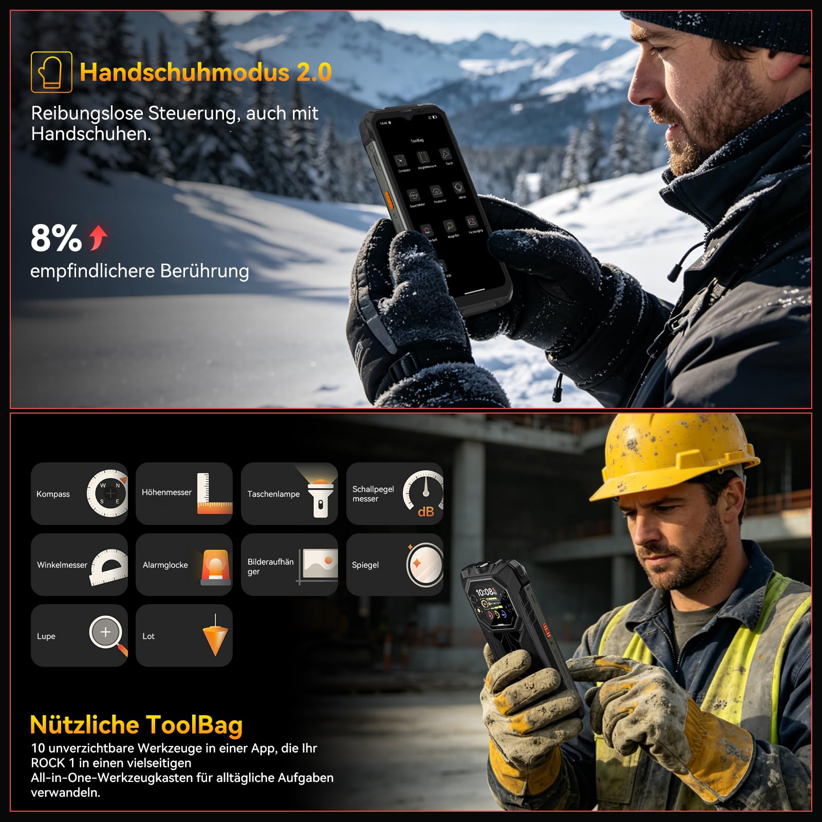 Blackview Rock 1 Android 16 Outdoor Handy für Baustelle &Camping, 15000mAh Dual-Screen Smartphone Ohne Vertrag, 20MP Nachtsicht,IP69K Wasserdicht, 24GB+256GB,Gemini AI/NFC/3 Jahre Garantie