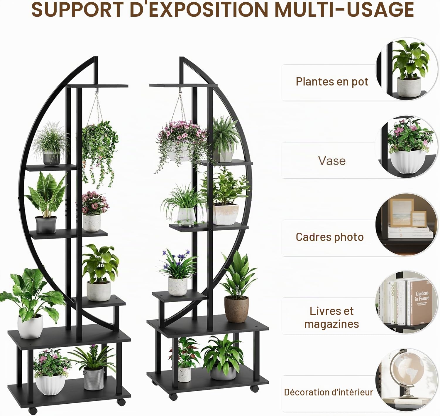 Lot de 2 175Cm Grand Support pour Plantes 6 Niveaux,Grande Étagère à Plantes Demi-Lune intérieur/extérieur,Etagère de Présentation sur Roulettes Amovibles & Crochets pour jardin,balcon,parlor