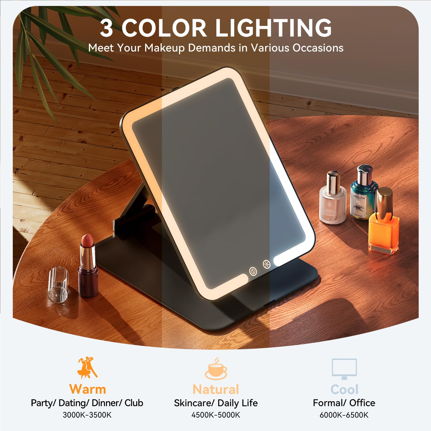 Auxmir Kosmetikspiegel mit Beleuchtung, Ultra Dünn Schminkspiegel mit 3 Lichtfarben, LED Spiegel mit Beleuchtung, USB Wiederaufladbar Tischspiegel Reisespiegel für Schminktisch, Reise, Schwarz - 3