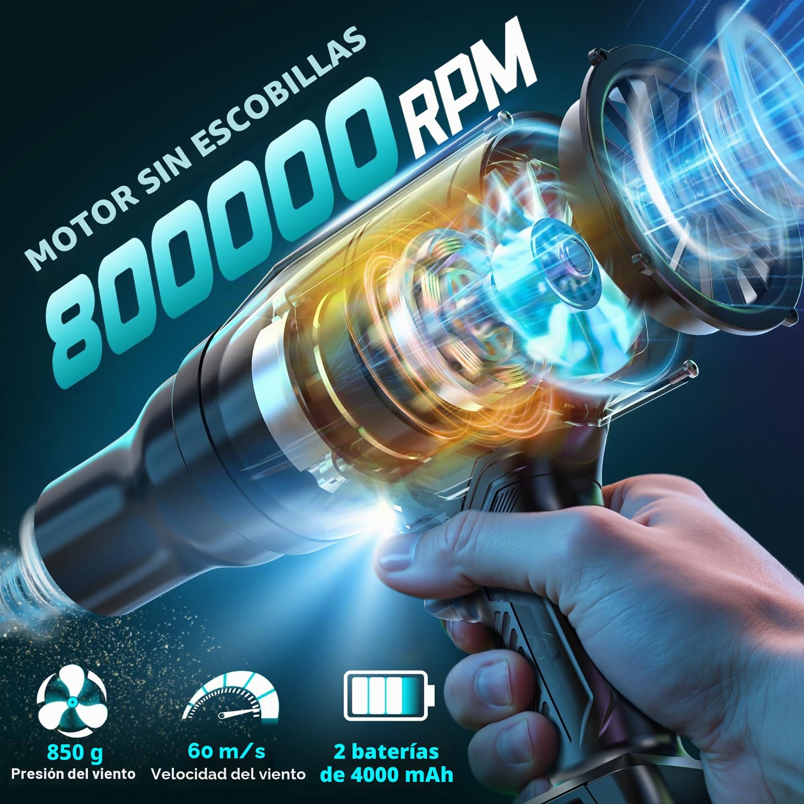 Ecarke Soplador de batería Turbo con 2 baterías de 4000 mAh, motor sin escobillas de 80.000 rpm, velocidad de aire de 60 m/s y 850 g de presión de aire, soplador de hojas portátil para eliminar hojas
