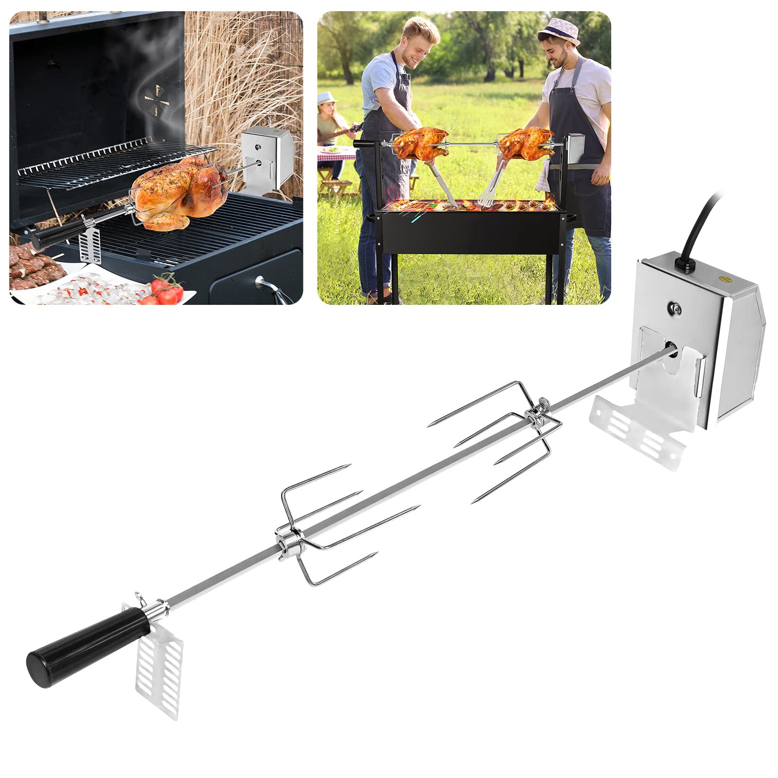 UISEBRT Grillspieß Set 107cm Edelstahl Drehspieß mit Motor, 220V - 240V, inkl. 2X Fleischnadeln Elektrischer Grillspieß Rotisserie