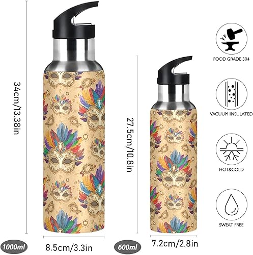Miniatura 2 de BPA-Free Sport Water Bottle Insulated 32 Oz, Insulated Stainless Steel Water Bottle with Straw for Gym Outdoor Travel School, Mardi Gras Masks Gold